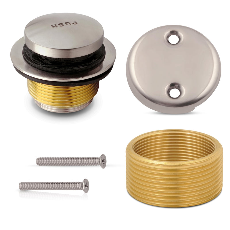 Tip-Toe Bathtub Drain Trim Kit with Two-Hole Overflow Faceplate – All Brass Tub Drain Stopper Replacement – Fits Fine or Coarse Thread Drain Shoe – Universal Tub Drain Assembly Brushed Nickel