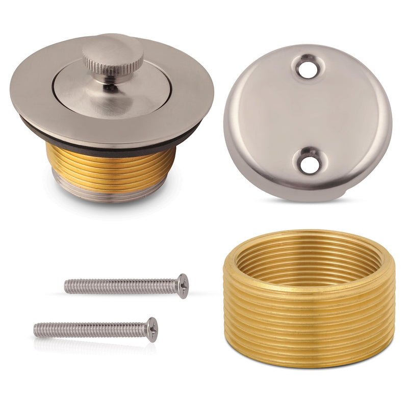All-Brass Lift and Turn Bathtub Drain Kit – Includes Universal Fine/Coarse Thread Stopper & Two-Hole Overflow Faceplate – Complete Tub Drain Trim Set (Brushed Nickel) Brushed Nickel