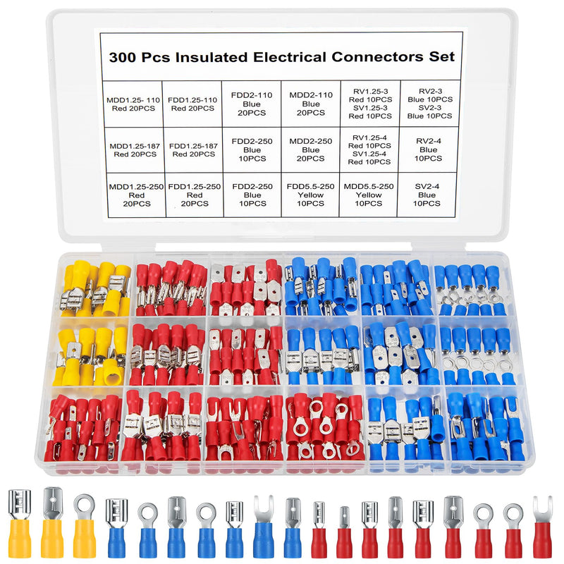 300 Pcs Electrical Connectors, Insulated Wire Cable Electrical Connectors, Fork Ring Spade Butt Quick Disconnect Crimp Terminals Lugs Set, Male/Female Wire Cable Crimp Terminals Connectors