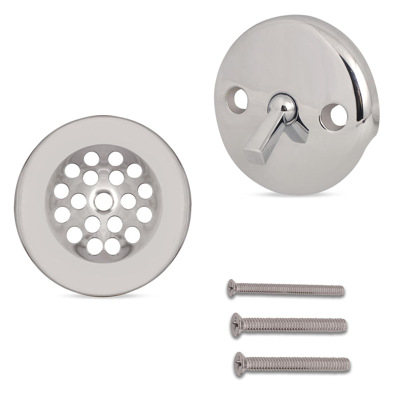 Trip Lever Bathtub Drain Kit with Strainer – 2-Hole Overflow Faceplate, Matching Screws – Tub Drain Trim Replacement Set for Bathroom Bathtubs Chrome