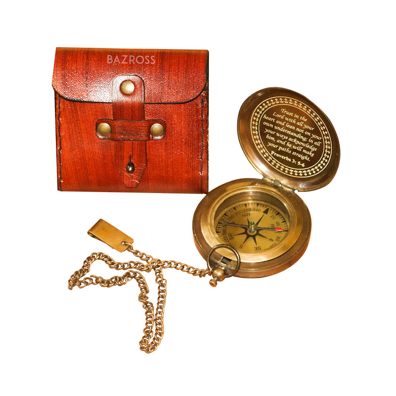 BAZROSS Engraved Antique Brass Sundial Compass with Leather Case for Camping, Hiking, and Graduation - (Trust in Lords) - NewNest Australia
