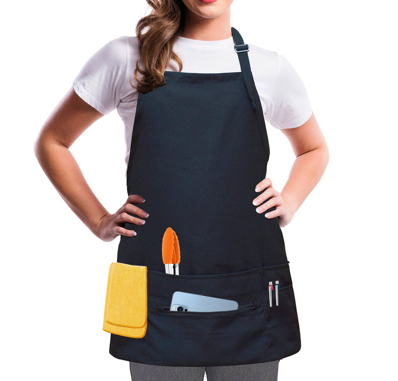 Aprons for Women Men with 7 Pockets – Zipper Pocket - Buckle Closure - Server, Waitress, Hair Stylist, Short Apron Black