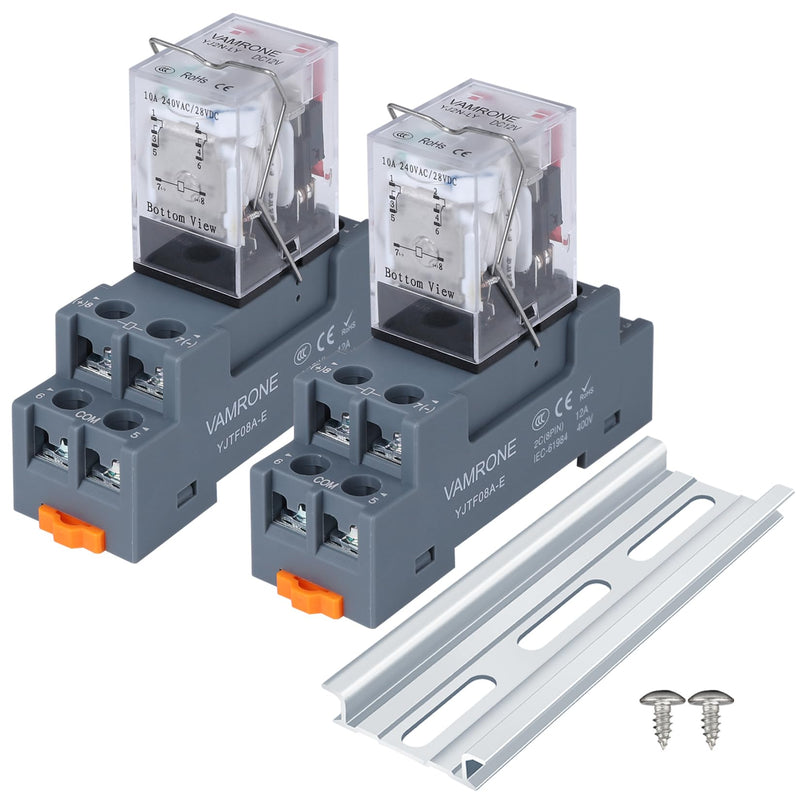 Electromagnetic Power Relay, 8-Pin 10 AMP 12V DC Relay Coil with Socket Base, LED Indicator, DPDT 2NO 2NC - MY2NJ 2PCS [Applicable for DIN Rail System] DC 12V 8Pin-10A-2PCS