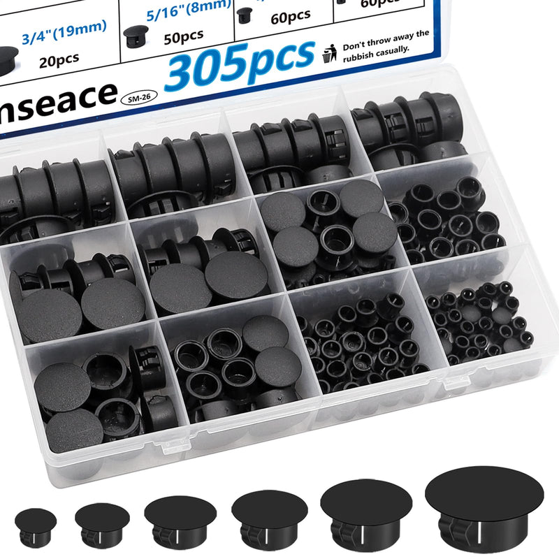 smseace 305Pcs Plastic Plugs 9-Sizes Plastic Hole Plug for Round Holes 1Inch 7/8Inch 3/4Inch 5/8Inch 1/2Inch 3/8Inch 5/16Inch 1/4Inch 1/5Inch Nylon Hole Plugs for Furniture,Cabinet,Kitchen Black