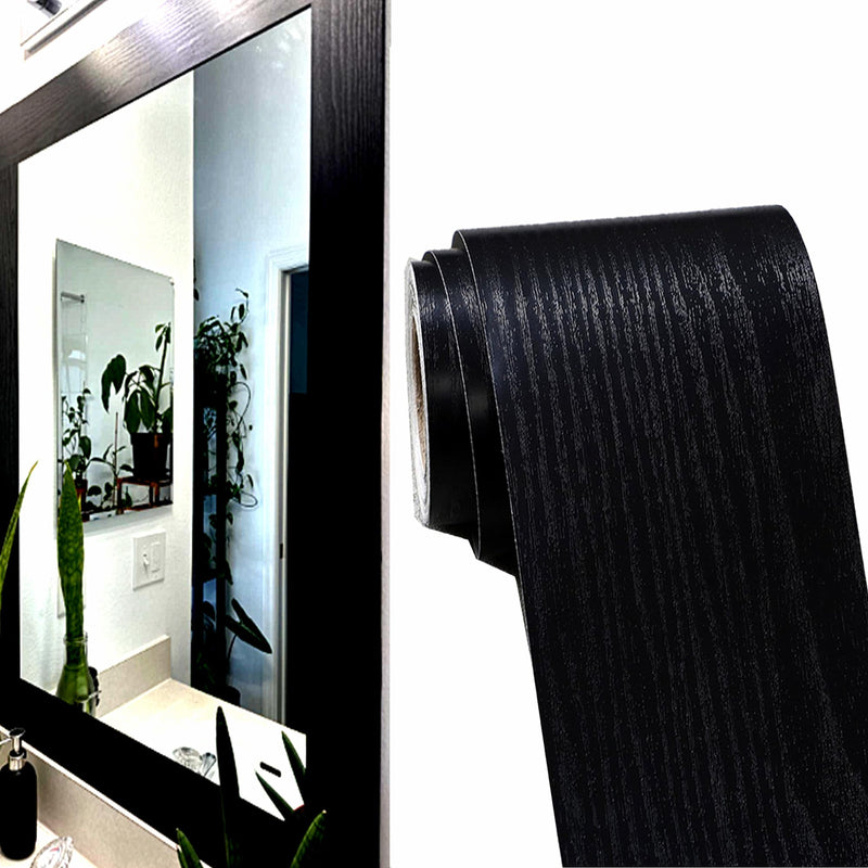 32FT Black Border Peel &Stick Black Wood Grain Wallpaper Border Removable Waterproof Bathroom Mirror Frame Sticker,3.94 Inches by 32.8 Ft