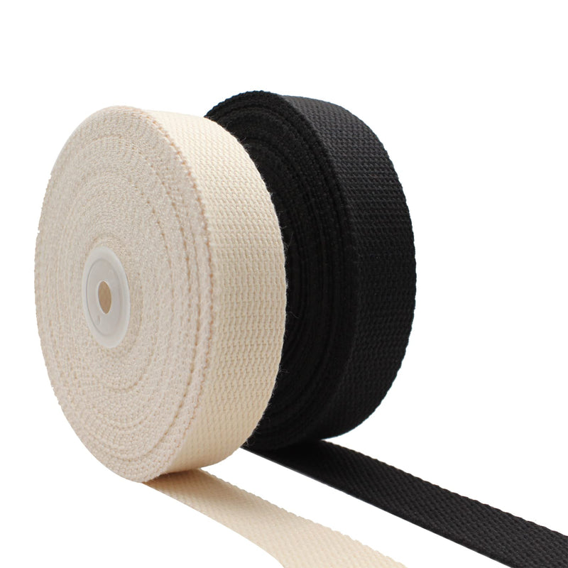 Cotton Webbing 1 Inch 2 Rolls/ 20 Yards Webbing Straps for Webbing Bag Handles, Bag Strap,Tote Bag Webbing,Cloth Belt,Arts and Crafts (Black, Natural) Black, Natural
