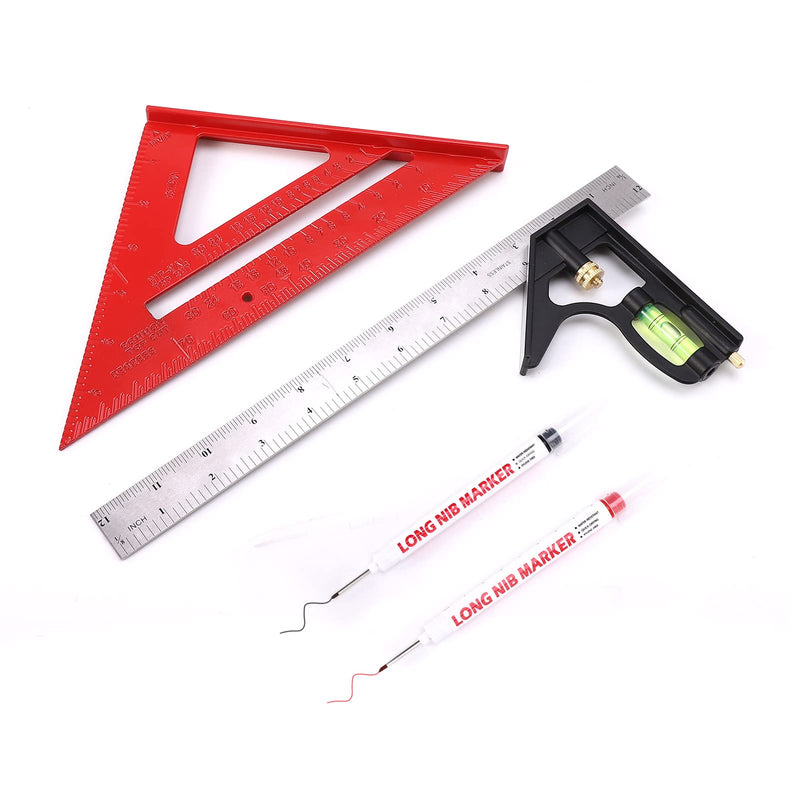 Rafter Square and 12 inch Combo Square Set, Carpentry Squares, Combination Square with Bubble Vial, Woodworking Square, Aluminum Rafter Square, Carpenters Square(Red) Red
