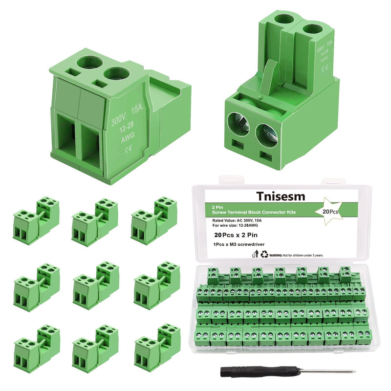 Tnisesm 16Pcs 2 Pin Screw Terminal Block Connector 5.08mm Pitch Pluggable with 2 Pin Phoenix Plug 300V 15A for 28-12AWG Cable 16Pcs -2PIN
