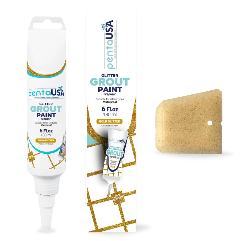 PentaUSA Tile Grout - Glitter Grout Tube, 6 Fl Oz Glitter Fast Drying Grout Paint, Shiny Grout Repair Kit - Renew Grout Lines in Bathroom, Kitchen, Countertops (180 ml, 6 Fl Oz) (Gold) Gold