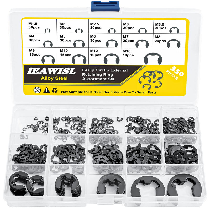 External Retaining Rings, 330PCS Alloy Steel Retaining Rings E-Clip Assortment Set-M1.5 M2 M2.5 M3 M3.5 M4 M5 M6 M7 M8 M9 M10 M12 M15 E-Clips Retainer Circlip Rings for Bearings, Gears, Pulleys, Axles Black Alloy 330PCS E-Clips