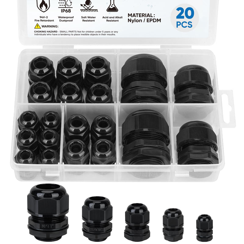 TICONN 20 Pcs IP68 Waterproof Cable Gland Kit Nylon NPT Adjustable Cable Connectors Assortment 1/4” 3/8” 1/2” 3/4” 1“ for Waterproof Junction Box Wire Pannel (Black, 20 Pcs) Black