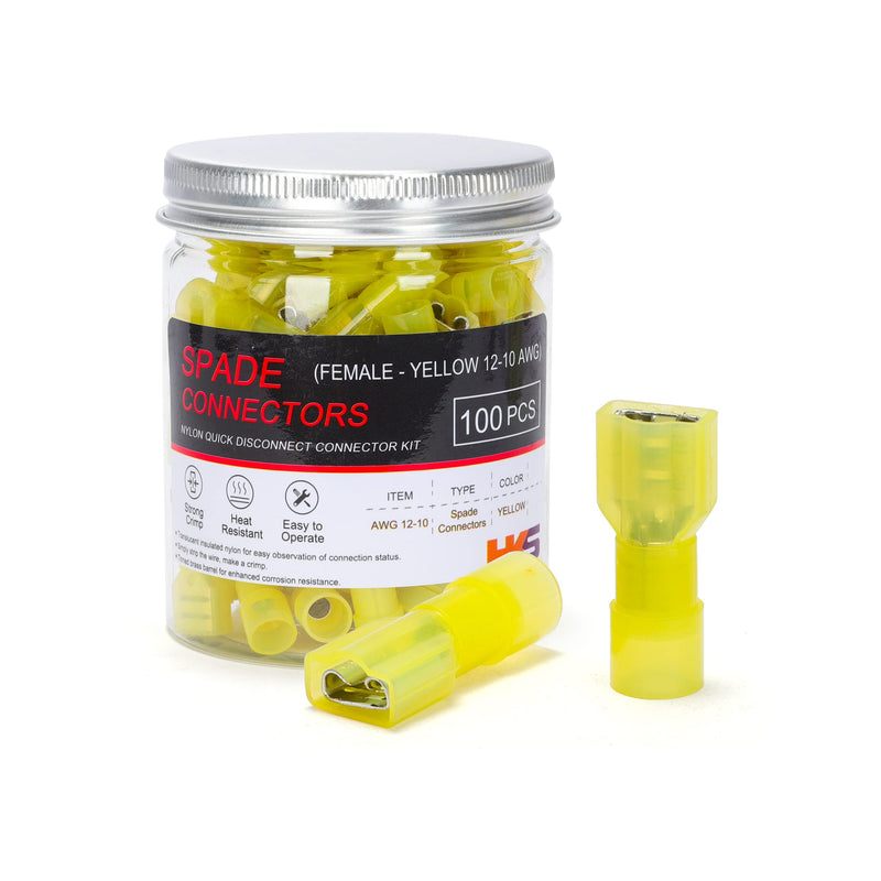 HKS 100PCS Nylon Female Spade Quick Disconnect Connector - Yellow 12-10 AWG Electrical Wire Connectors Kit - Tinned Copper - Cold-Pressed Wire Terminal Automotive Crimp Insulated