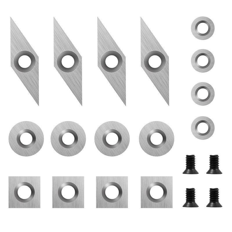 16Pcs Tungsten Carbide Cutters Inserts Set for Wood Lathe Turning Tools(Include 11mm Square with Radius,12mm and 8.9mm Round,30x10mm Diamond with Sharp Point),Supplied with Screws 16Pcs Carbide Cutters