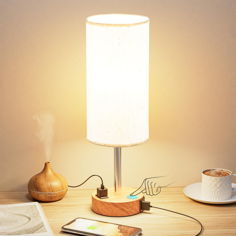 Bedside Table Lamp for Bedroom - 3 Way Dimmable Touch Lamp USB C Charging Ports and AC Outlet, Small Lamp Wood Base Round Flaxen Fabric Shade for Living Room, Desk, LED Bulb Included Cream Shade-Wood Base 14" Touch Control