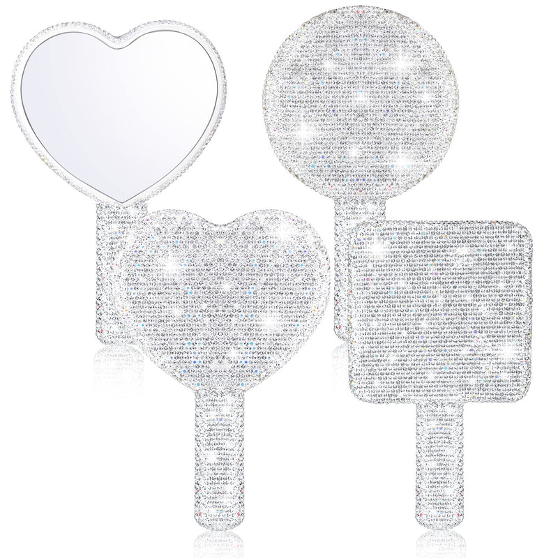 Bucherry 3 Pcs Rhinestone Hand Mirror Heart Shaped Bling Dazzling Hand Held Square Round Shape White Cosmetic Portable Decorative Personal Makeup Mirrors for Women Wedding Gift