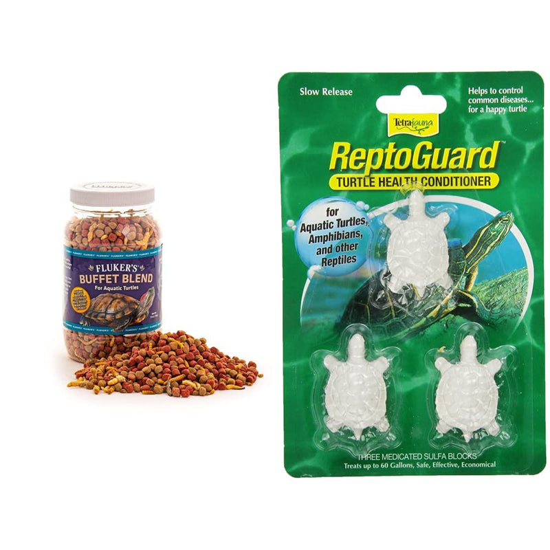 Fluker's Buffet Blend Aquatic Turtle Food, 7.5-Ounce & TetraFauna ReptoGuard Turtle Health Conditioner 3 Count, Slow-Release (19514) - PawsPlanet Australia