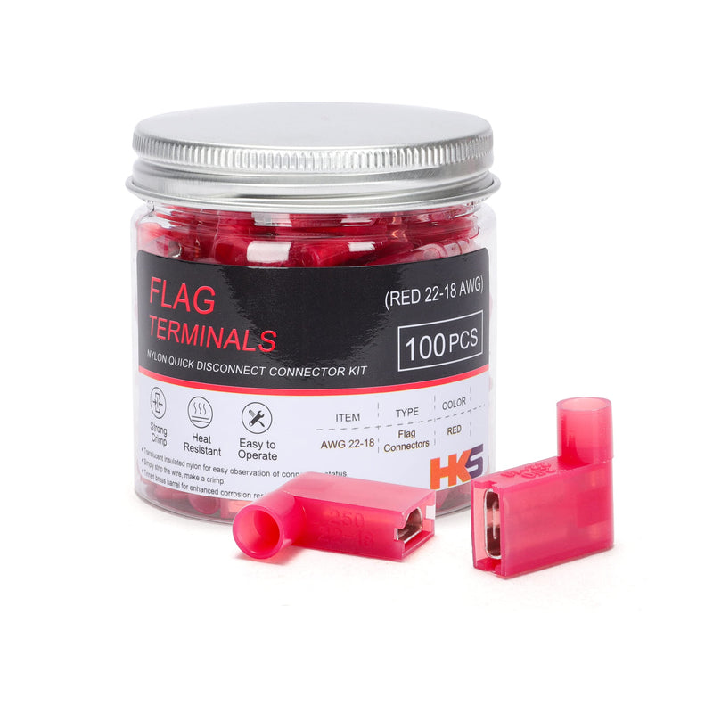 HKS 100 PCS Flag Spade Terminals Female - Red 22-18 AWG - Nylon Quick Disconnect Wire Connector - Right Angle - Crimp Insulated 100PCS RED