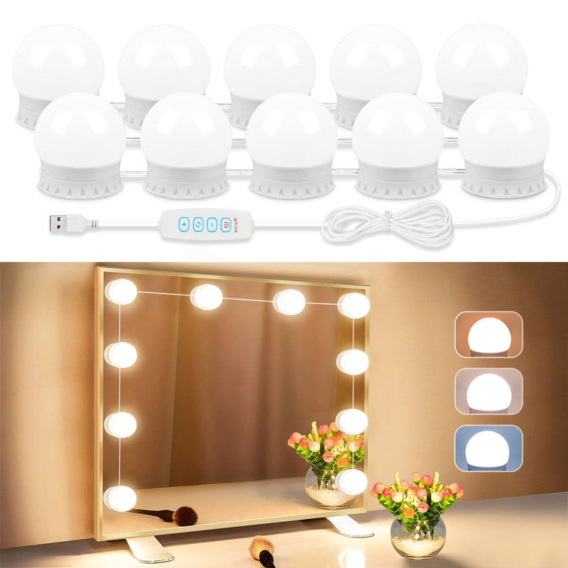 LED Vanity Lights for Mirror, Vanity Lights Stick on with 10 Dimmable Bulbs, 3000K 4000K 6500K & 10 Level Brightness Adjustable, USB Cable, Hollywood Mirror Lights for Makeup Dressing Room Bathroom 10 Dimmable Bulbs(White)