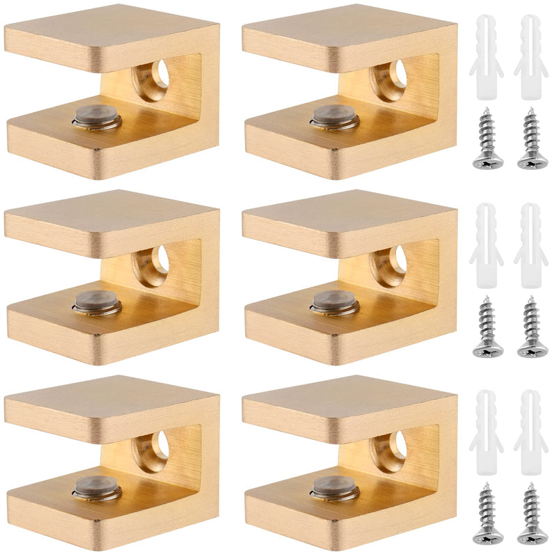 KEILEOHO 6 PCS Glass U-Clamp Shower Glass Support, Clamp Holder for 5/16-3/8 inch Glass Shelves, Brass Mirror Mounting Clips, Gold Shelf Brackets for Holder Support Hardware
