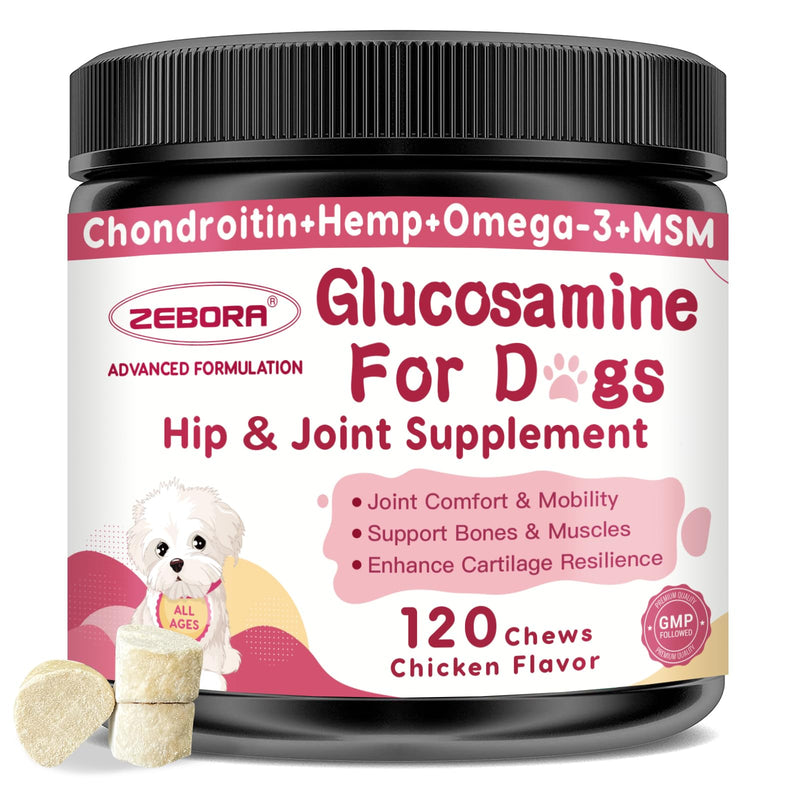 Glucosamine for Dogs, Joint Supplement for Dogs, Chondroitin, MSM, Hemp, Turmeric, Omega 3 for Pain Relief & Skin Health, Dog Hip and Joint Supplement with Calcium Support Bones Health - 120 Chews 120 Count - PawsPlanet Australia