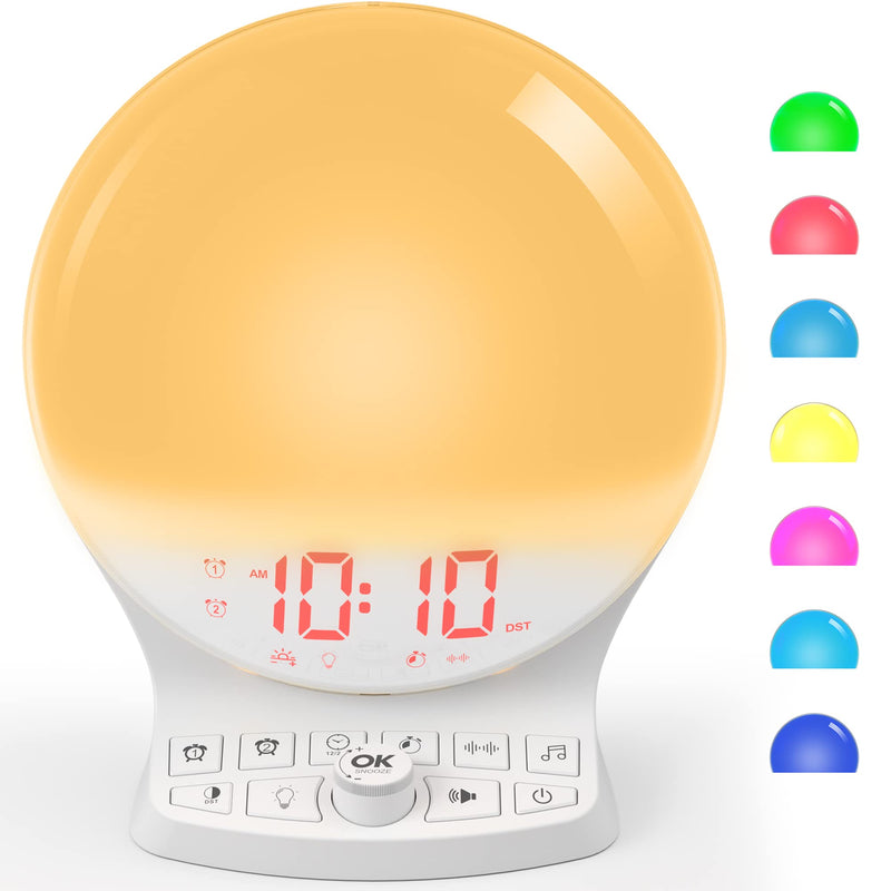 Sunrise Alarm Clock Wake Up Light for Bedrooms Heavy Sleepers Adults Teen Kid,Digital Clock with 2 Alarms,8-Color Night Light,White Noise Sound Machine for Sleeping,Timer,Snooze,USB Charger,DST,12/24H - NewNest Australia