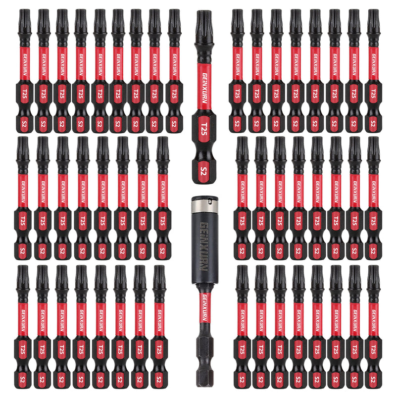 50 Pieces T25 2 In. Impact Tough Magnetic #25 Torx Head Power Bits, S2 Alloy Steel T25 Screwdriver Bits Set with 1Pcs Impact Bit Holder 2INCH-T25-51PC