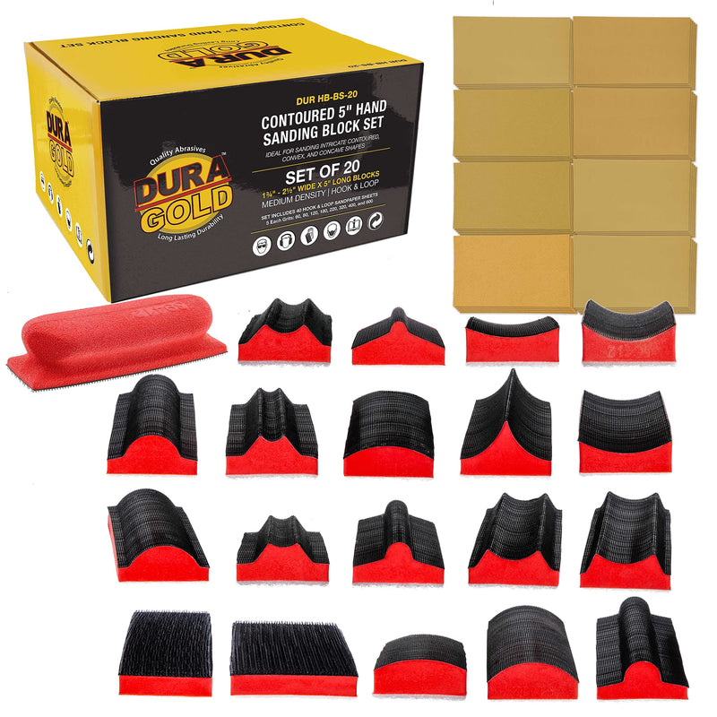Dura-Gold 20-Piece Contoured Profile 5" Hand Sanding Block Set with 40
