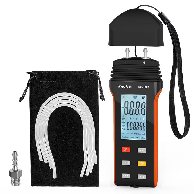 Manometer Air Pressure Meter, WapoRich Dual-Port HVAC Gas Pressure Tester ±30Psi/206.8Kpa ±0.3% with 11 Selectable Units of Differential Pressure Gauge, Backlight and Data Record RQ-189B(Limit maximum pressure:30Psi)