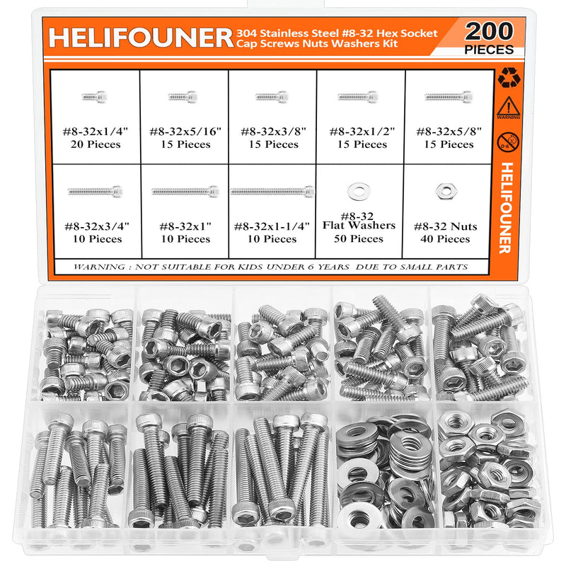 200 Pieces #8-32 x 1/4" 5/16" 3/8" 1/2" 5/8" 3/4" 1" 1-1/4", Hex Socket Head Cap Screws Bolts Washers Nuts Kit, Coarse Thread, Fully Machine Threaded, 304 Stainless Steel