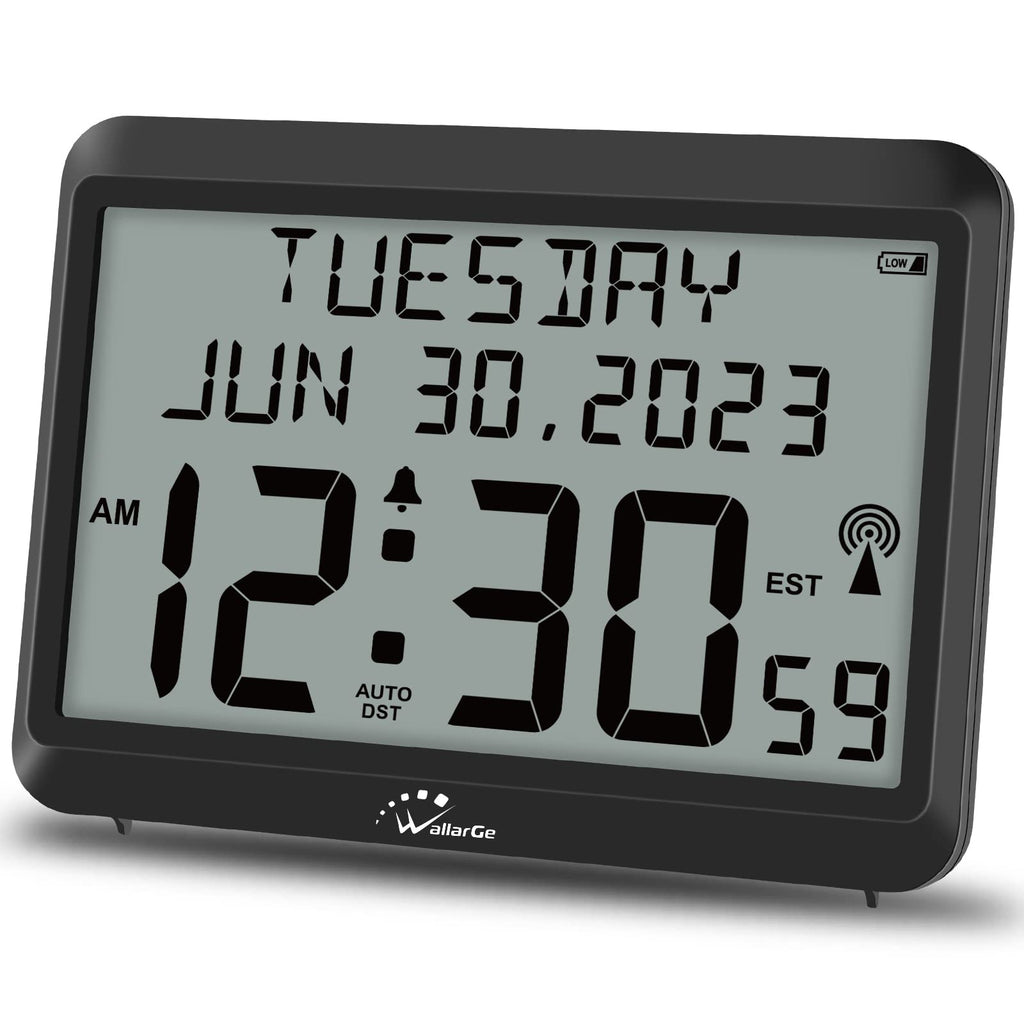 WallarGe Atomic Clock Battery Operated - Large Display Digital Alarm Clock with Seconds, Day and Date, 4 Time Zones, DST - NewNest Australia