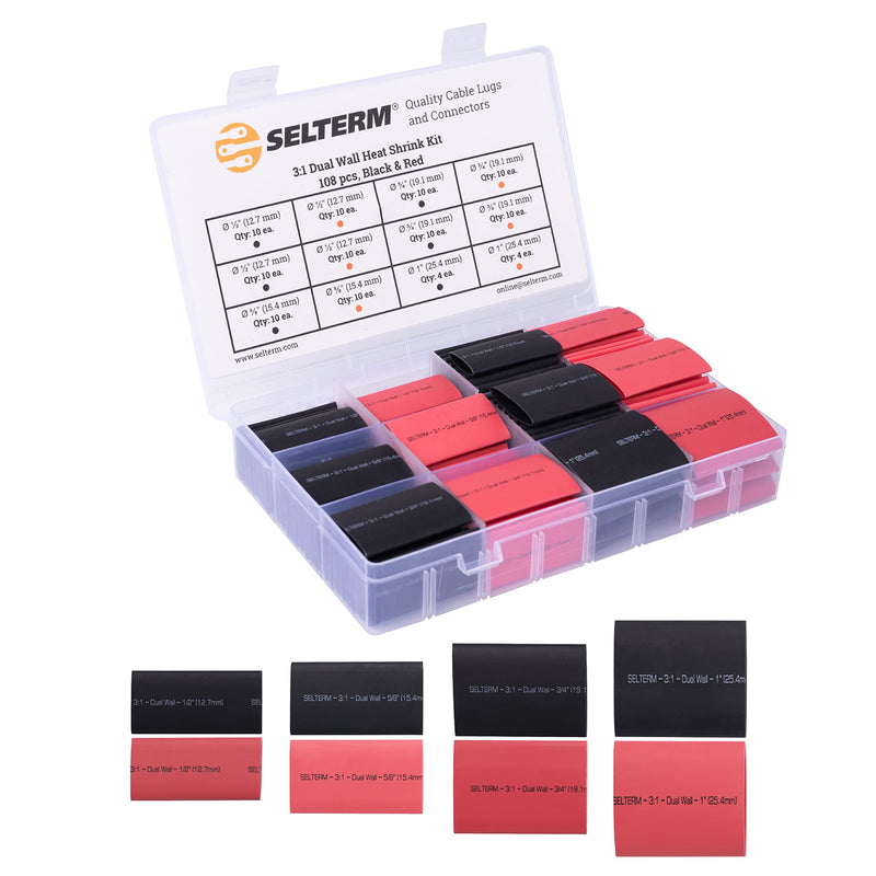 SELTERM Large Size Marine Grade Heat Shrink Tubing Kit 1, 3/4, 1/2, 5/8 Inch Assortment, 3:1 Dual Wall Adhesive Lined, for Battery Cable Lugs Wire Terminal Connectors – Black & Red [108 pcs]