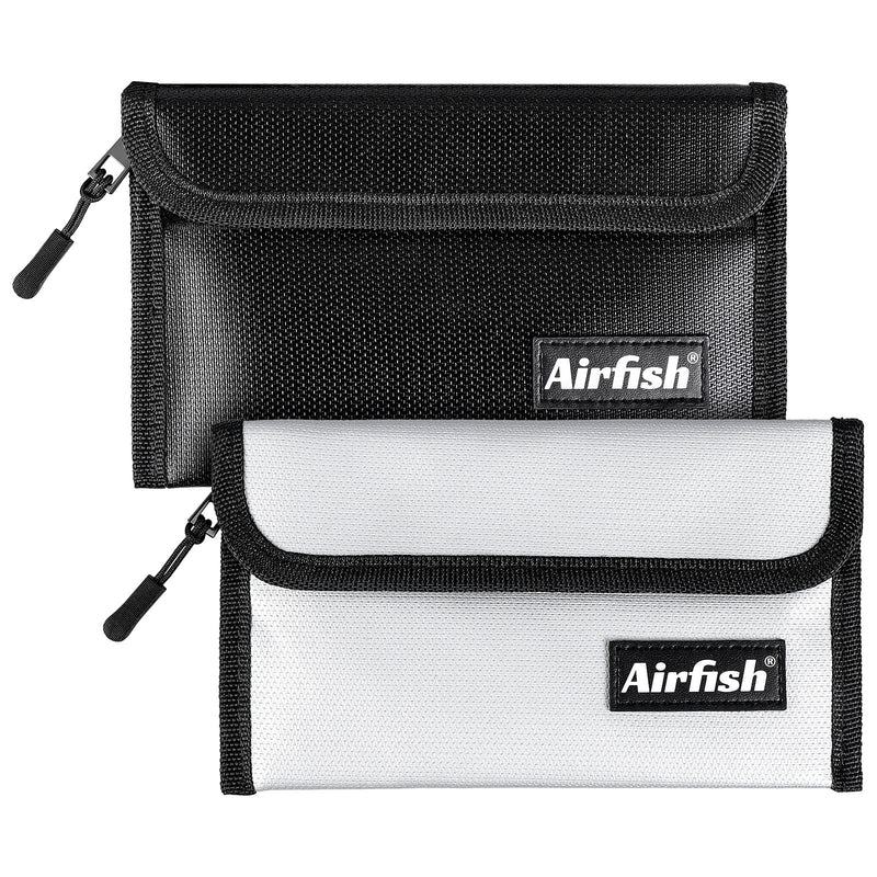 Airfish 2 Pack Fireproof Money Bag, 8 x 5 Inches Fireproof Wallet, Small Fireproof Document Bag, Fireproof Envelope with Zipper, Waterproof Safe Bag Set for Valuables, Jewelry, Cash, Passport, Invoice ef of 2 pk Balck and Silver