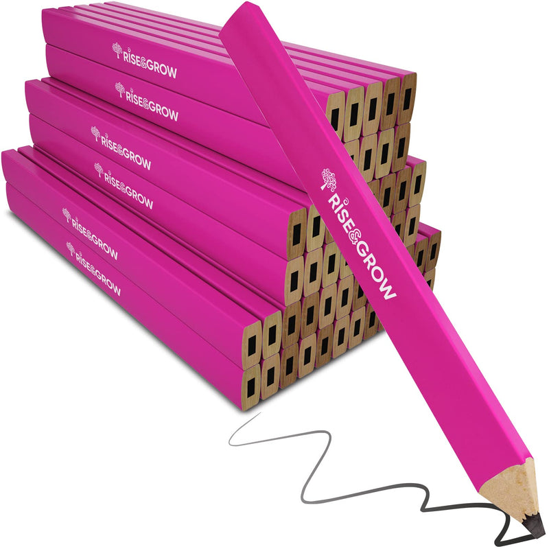 Rise & Grow 50 Set, Neon Pink Carpenters Pencils Bulk 7” – HB Lead Flat Construction Pencils for Men and Women - Woodworking Pencils for Marking Wood, Concrete and Plastic (Pink)