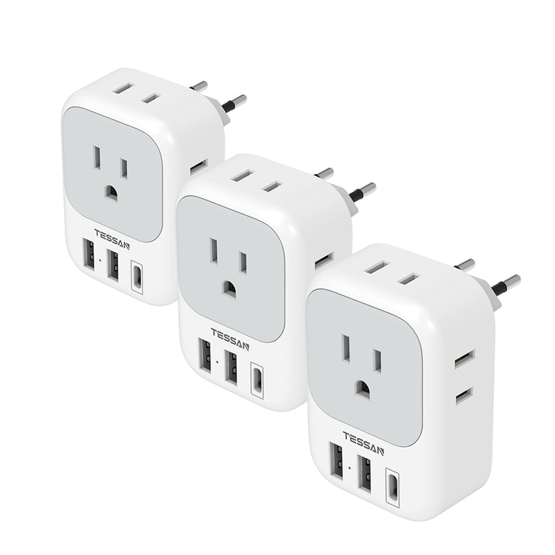 TESSAN 3 Pack European Travel Plug Adapter USB C, US to Europe Plug Adapter with 4 AC Outlets and 3 USB Charger, Type C Power Adaptor for USA to EU Euro Spain France Iceland Italy Germany Greece Gray&White-Type C