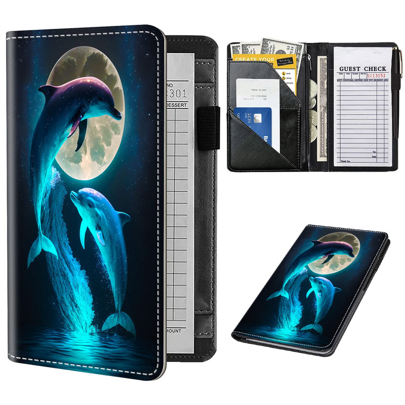 Server Book for Waitress,Leather Waitress Book Organizer with Zipper Pocket Waiter Book Server Wallet Fit Server Apron and Guest Check Books for Servers Waitress Notepad,Cute Dolphins and Moon Cute Dolphins and Moon
