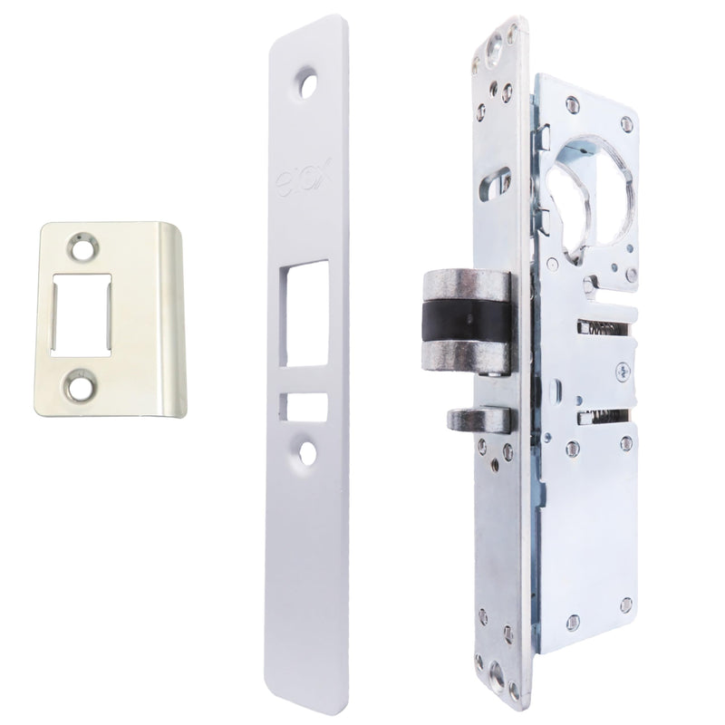 elox Narrow Stile Aluminum Door Mortise Deadlatch Lock, Handing Reversible Latch, 1-1/8" Backset, w/Aluminum & Bronze Duronodic Finish faceplate, Without Cylinder and Without Keys Silver