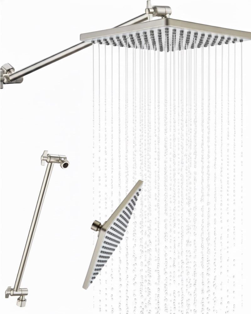 Rain Shower Head, 8'' High Pressure Rainfall Square Showerhead with 15'' Shower Head Extension Arm, Brass Adjustable Shower Arm Extender, Waterfall Fixed Showerheads, Brushed Nickel 5. 8'' Rain Shower Head and 15'' Extension Arm (Brushed Nickel)