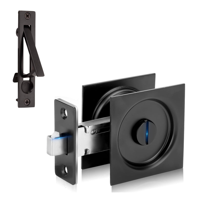 Dontay Pocket Door Privacy Lock and Pull, Stainless Steel 304 Contemporary Pocket Door Knob, Flush Door Handles, Privacy (Bed/Bath) Latch, 2-3/8" Backset, Sliding Barn Hardware (Matte Black, Square) Matte Black 1