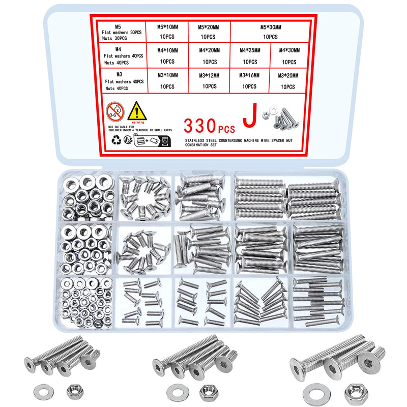 330 Pcs Countersunk Head Hexagon Socket Screws Bolts and Nuts and Washers Assortment Kit, M3 M4 M5 Metric Stainless Steel Bolts and Machine Screws and Nuts and Washers Set for Home Industrial