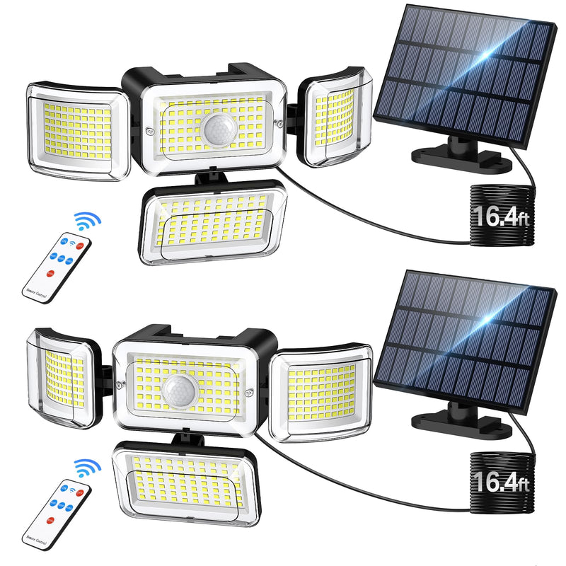 CLAONER Solar Outdoor Lights Motion Sensor 3500LM 288 LED Solar Security Lights with Remote Control IP67 Waterproof 4 Heads Solar Flood Lights with 16.4ft Cable 4 Modes Wall Lights(2 Pack) 2 Pack
