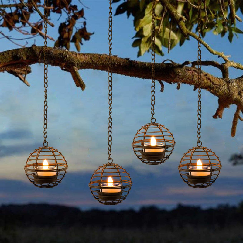 Solar Hanging Lanterns Outdoor Waterproof, Rust Iron Ball Candle Holder with Flickering Solar Powered Tea Lights, Perfect Chargeable Solar Lights for Backyard Patio Garden Fence Tree Decoration-4Pack 4PK Hanging Lights