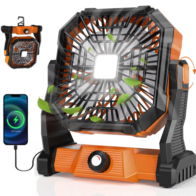 Portable Camping Fan,20000mAh Rechargeable Battery Powered Fan with LED Lantern, USB-C Battery Operated Fans,Ultra Quiet, for Outdoor Indoor Use,Travel, Tent,Beach, Picnic,Barbecue, Fishing,Home Orange
