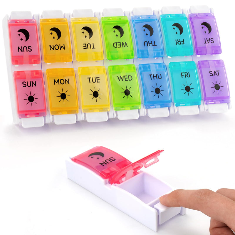 DailyRest Pill Organizer 2 Times a Day, 1 Pack Day Night Pill Case, Detachable Push Button Design, Large Compartment Weekly 7 Day Pill Box, Medicine Organizer for Fish Oil/Vitamins/Supplements 7 Colours