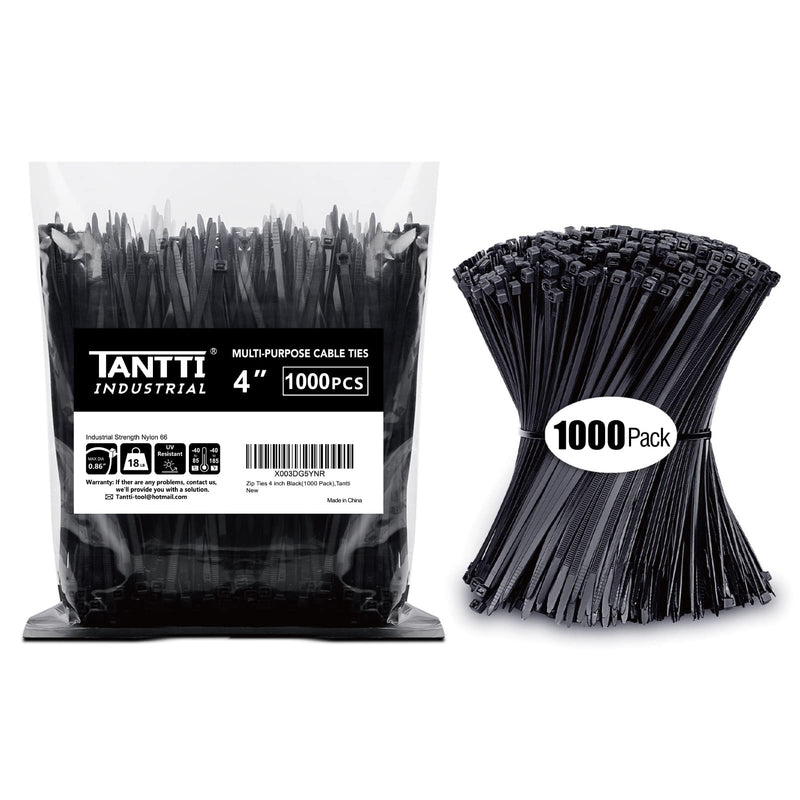 Zip Ties 4 inch, Small Zip Ties with 18 lb Tensile Strength, Black, 1000 Pack, by Tantti Supply 4" (1000 Pack)