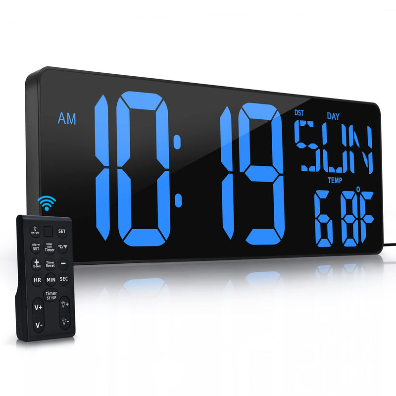 Large Digital Wall Clock with Remote Control 17.2" LED Large Display Timer with Temperature Date Week Auto DST Adjustable Brightness, Big Wall Alarm Clock for Living Room Office Garage Gym Seniors 17.2in Blue