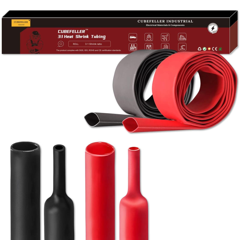 CUBEFELLER® 3:1 Waterproof Heat Shrink Tubing Kit, (3/4 Inch, Black 4Ft & Red 4Ft), Marine Dual Wall Adhesive Shrinkable Wire Wrap Tube, Insulation Sealing Wear-Resistant Cable Protector 19.1mm (3/4") - 4ft*2 Red & Black 1