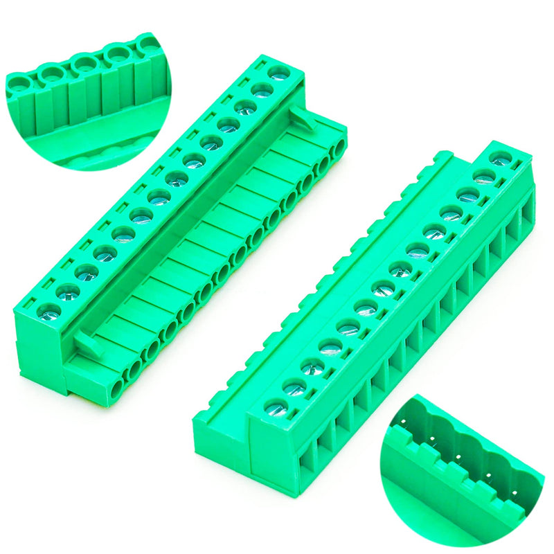Tcenofoxy 5.08mm Male & Female 2/3/4/5/6/7/8/9/10/11/12/13/14/15/16/18/20/24 Pin Phoenix Connector No Soldering Green PCB Screw Terminal Block Connector (1Set 5.08MF-14Pin) 5.08MM-14P-1Set