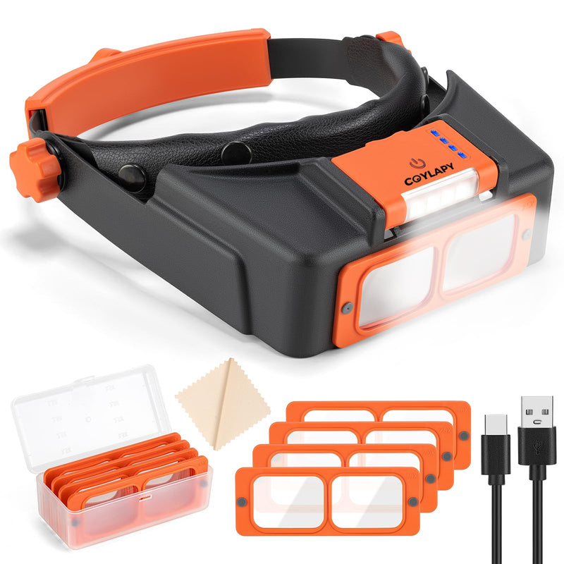 Headband Magnifier with Light, Rechargeable Magnifying Glasses for Close Work, 1.5X - 3.5X Magnify Headset with 4 Lenses, Jewelers Magnifying Glass Loupe Visor for Repair,Crafts, Hobby Orange