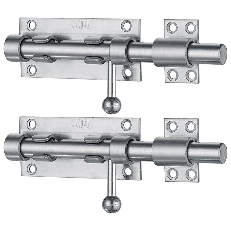 JQK Sliding Bolt Gate Latch, 6.3 Inch (Thick 2.4mm) Heavy Duty 304 Stainless Steel Barrel Bolt with Padlock Hole, Interior Door Latches Brushed Finish 2 Pack, DL300-BN-P2 6Inch(2 Pack) Brushed Steel