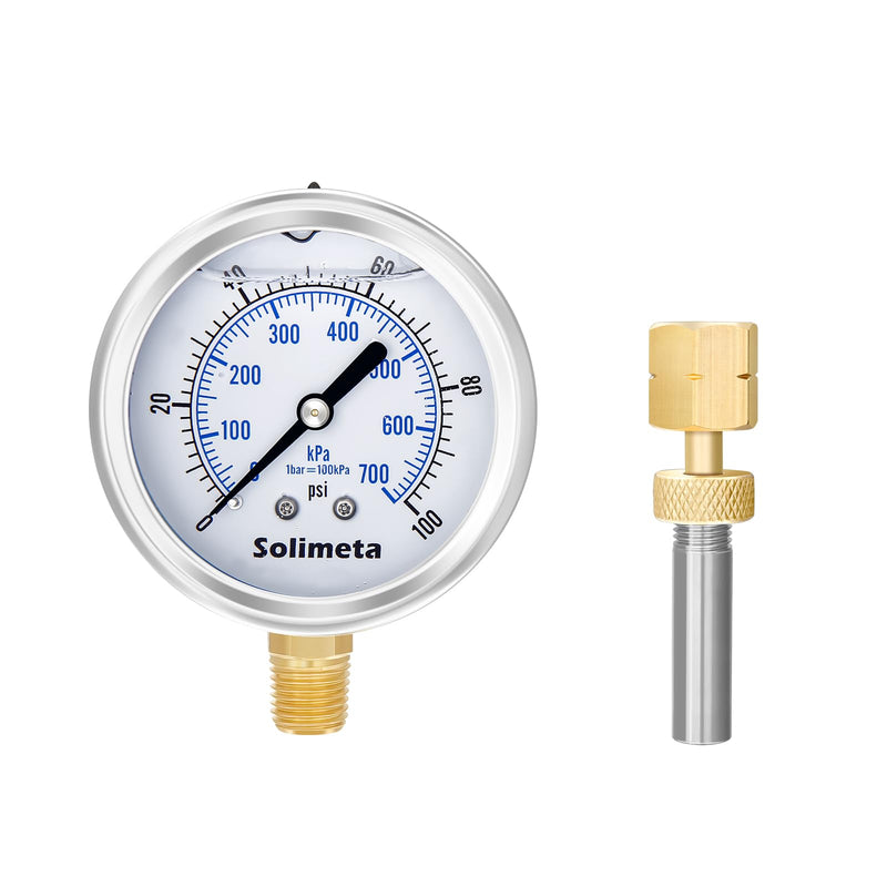 2-1/2" Dial Size, Oil Filled Pressure Gauge, 100psi Pressure Gauge, 1/4" NPT Lower Mount, with Brass Test Plug 1/4"NPT Female with Gauge